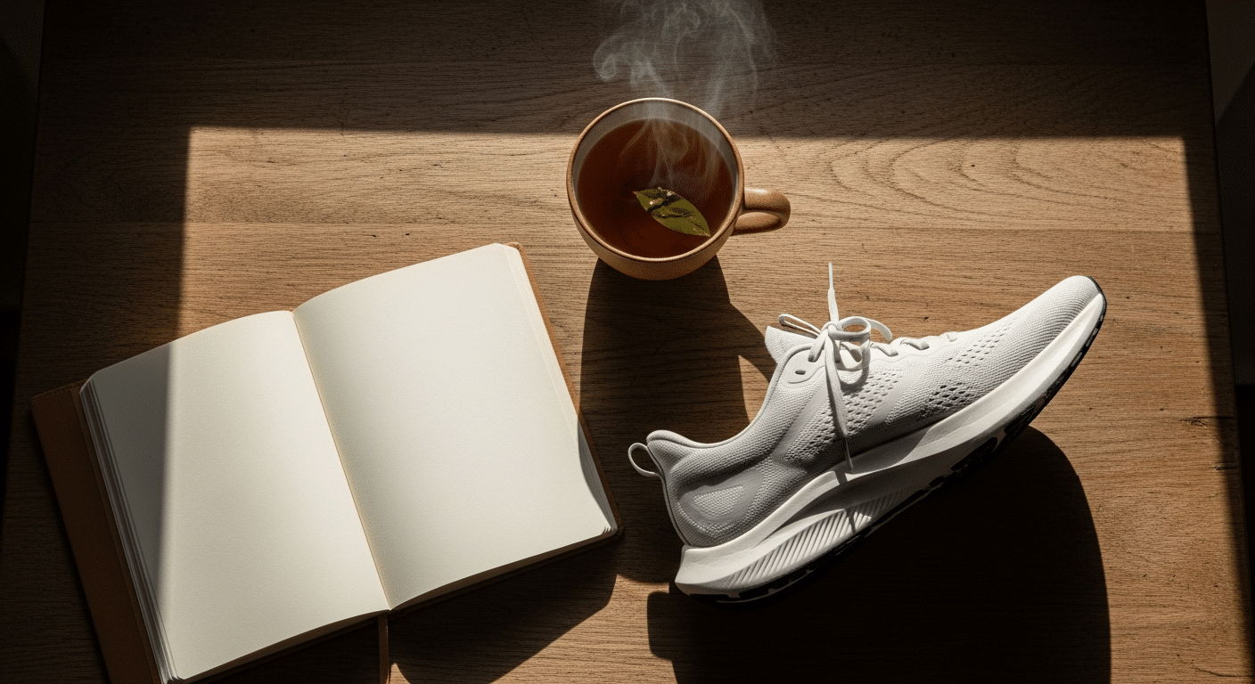 How To Balance Athletic Training And Academic Burnout: A Guide To Protecting Your Nervous System 1 A minimalist flat lay showing a running shoe, an open journal, and a warm cup of tea on a wooden table, symbolizing balance and recovery.