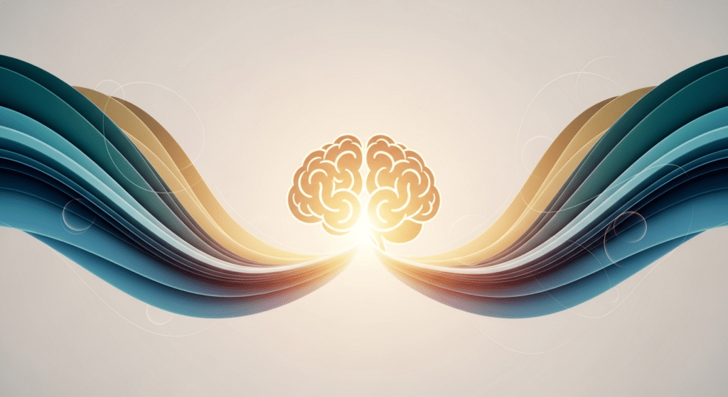 Supporting The 'Busy Brain': Emotional Regulation For Neurodivergent Kids At School 6 Abstract editorial illustration of a glowing brain surrounded by calming waves of blue and gold, representing emotional regulation and neurodiversity.