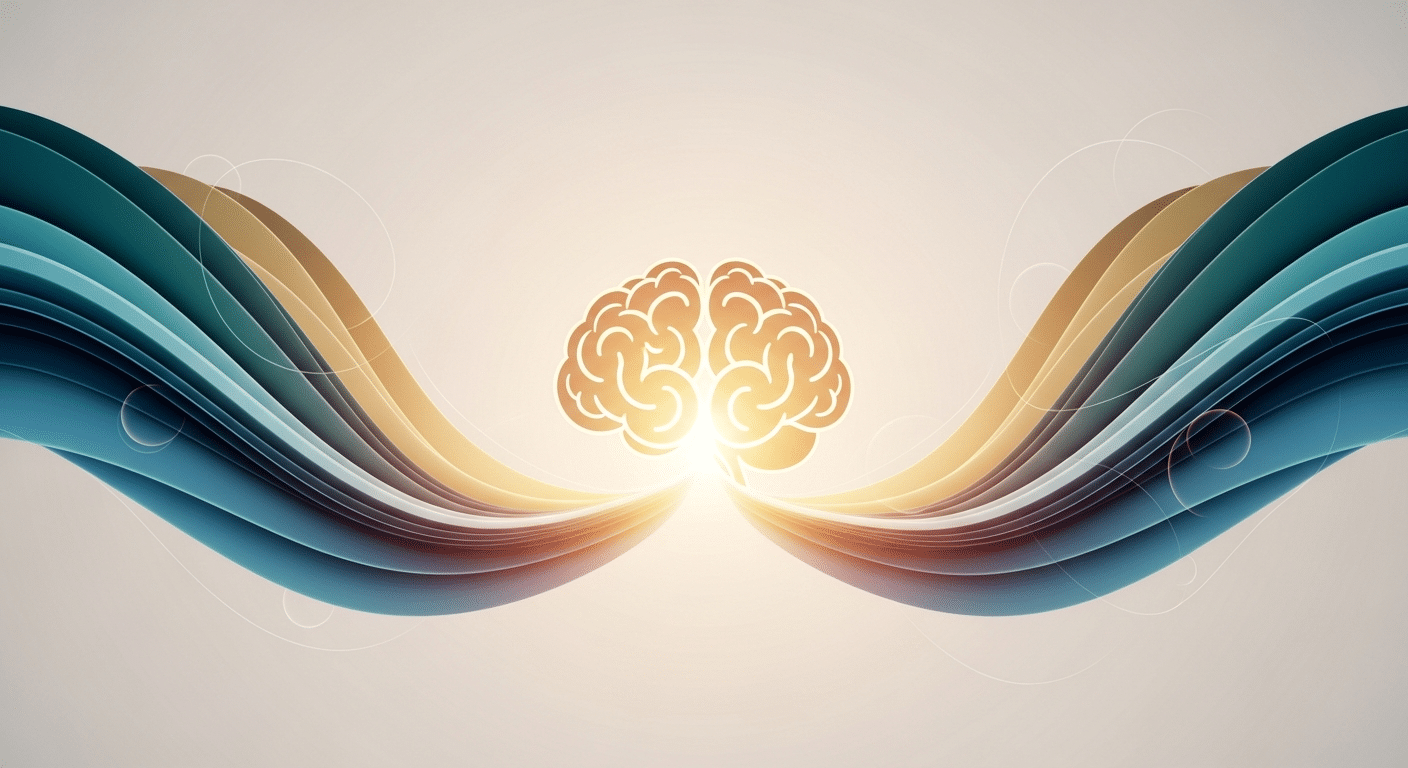 Supporting The 'Busy Brain': Emotional Regulation For Neurodivergent Kids At School 1 Abstract editorial illustration of a glowing brain surrounded by calming waves of blue and gold, representing emotional regulation and neurodiversity.
