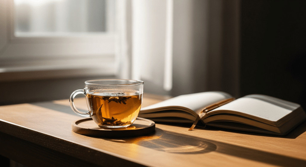 Beyond The Morning Fog: How To Manage Morning Anxiety Without Self-Medicating 3 A peaceful morning scene with a warm mug and an open journal bathed in soft, natural sunlight, representing calm and mindfulness.