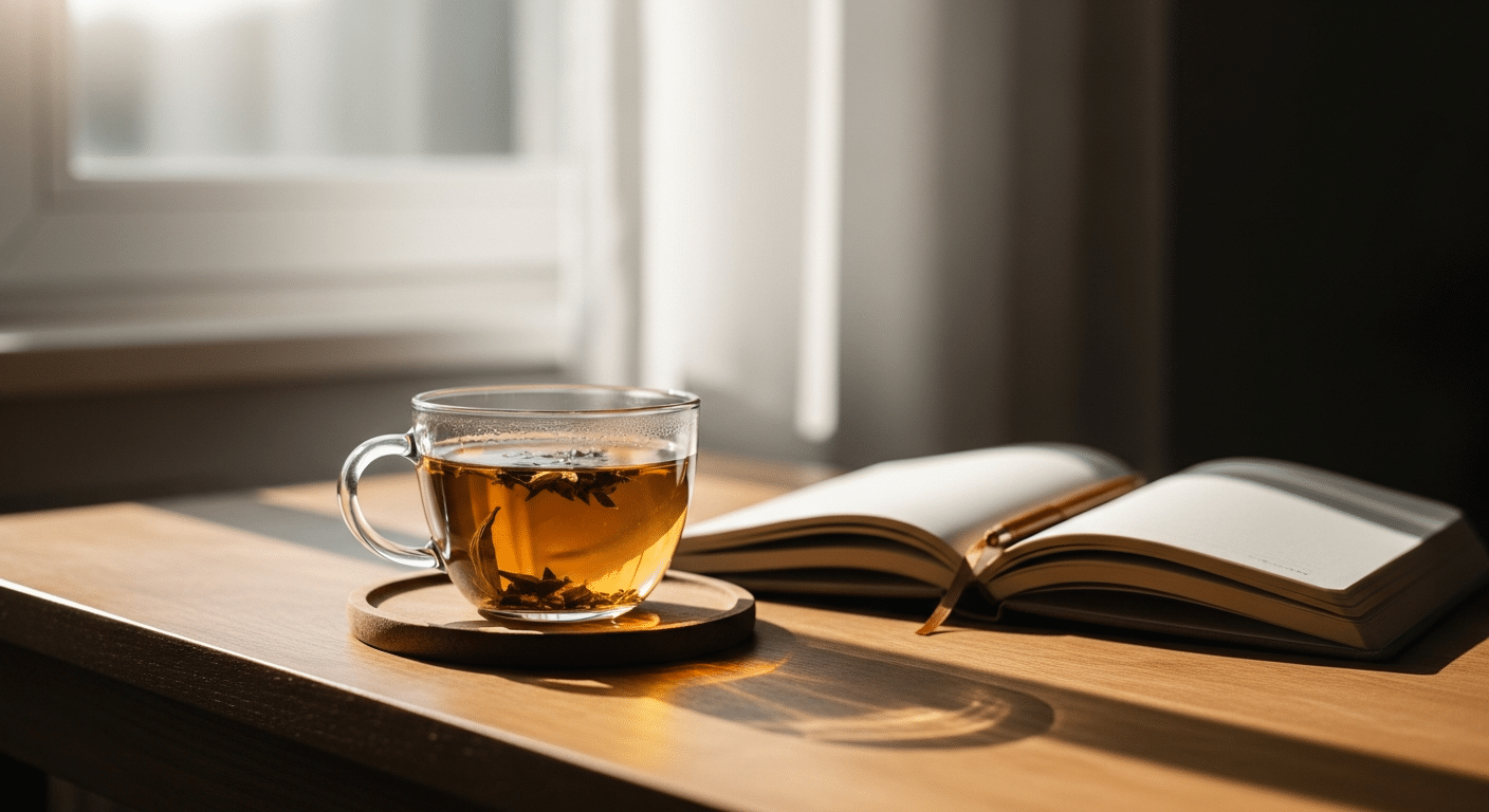 Beyond The Morning Fog: How To Manage Morning Anxiety Without Self-Medicating 1 A peaceful morning scene with a warm mug and an open journal bathed in soft, natural sunlight, representing calm and mindfulness.