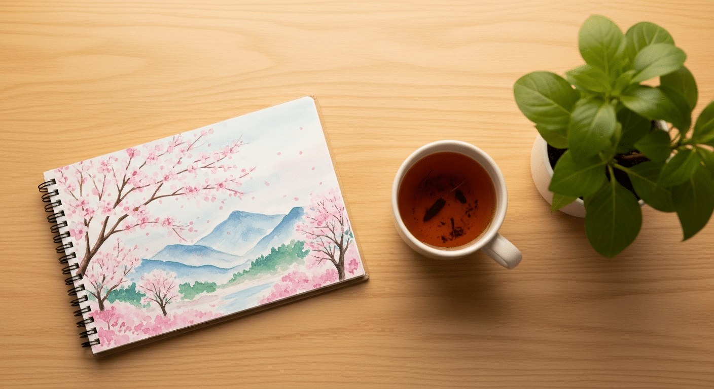 Healing Beyond The Gym: Navigating Injury, Low Mood, And Nutrition 1 A peaceful flat-lay with a watercolor sketch of mountains and cherry blossoms next to a warm mug of tea on a light wooden table.